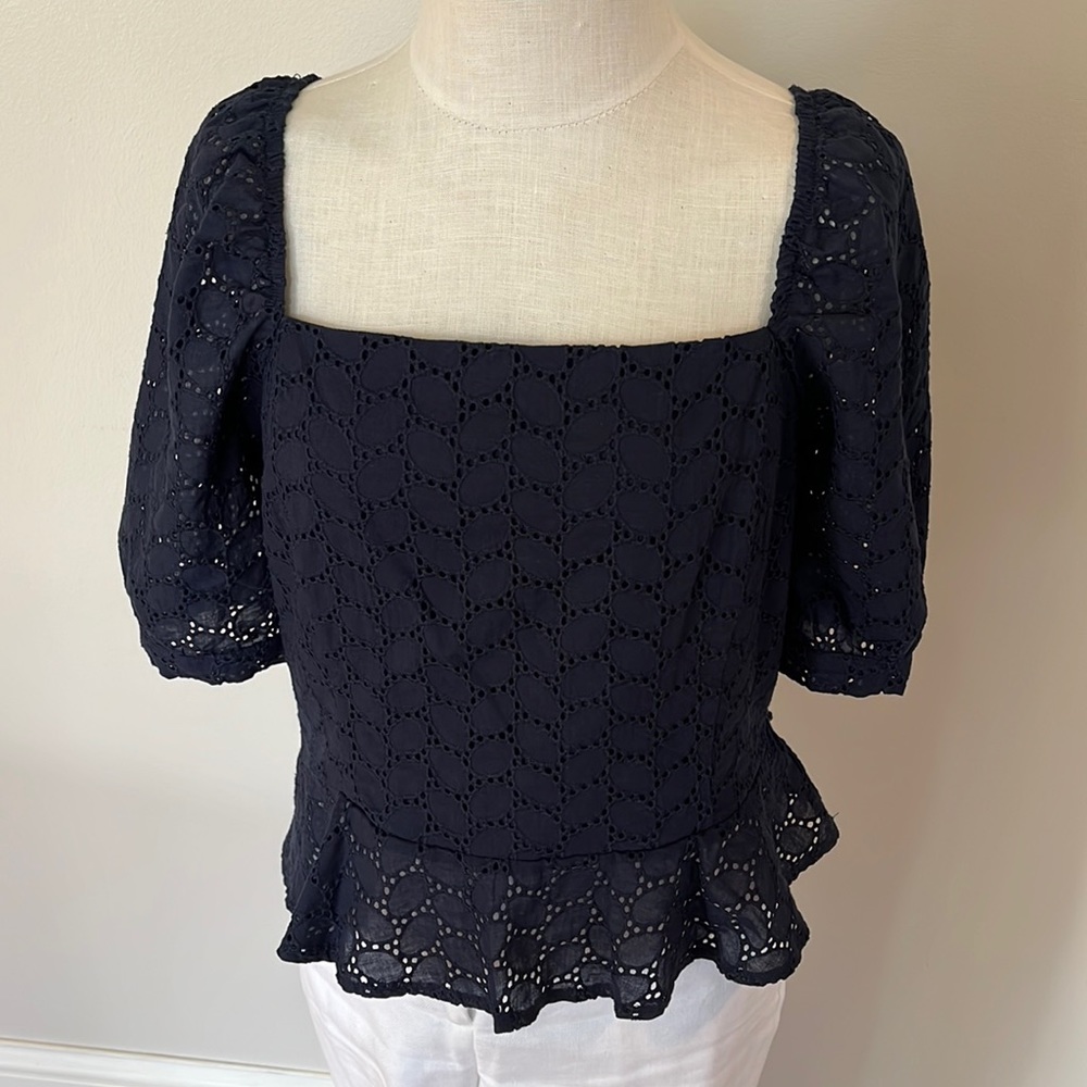 - Draper James RSVP navy eyelet peplum short sleeve blouse size L